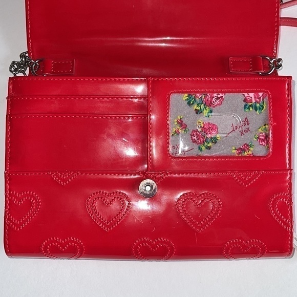 Betsy Johnson Red Heart Embossed Bow Detail Faux Patent Crossbody Bag - Picture 6 of 9